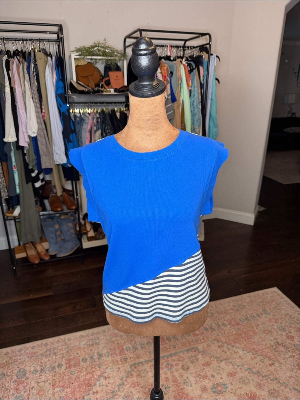Anthropologie  Maeve Royal Blue Cap-Sleeve Top with Navy Stripe Hem